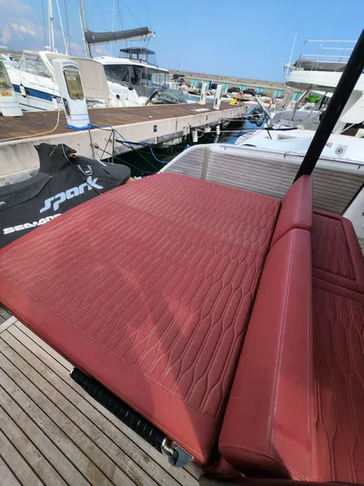  Yacht Photos Pics Red leather seating on 2022 Cranchi A46 Luxury Tender at marina.