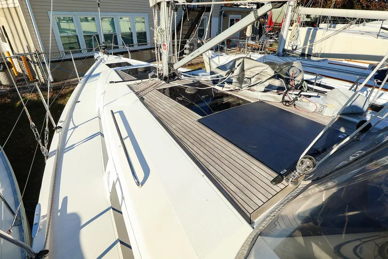  Yacht Photos Pics 2022 Hanse 388 sailboat deck with modern rigging and sleek design.