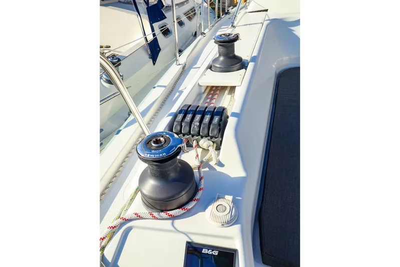  Yacht Photos Pics Deck view of 2022 Hanse 388 sailboat featuring winches and rigging equipment.