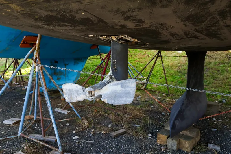  Yacht Photos Pics Underwater view of 2022 Hanse 388 sailboat propeller and keel on stands.