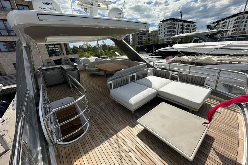  Yacht Photos Pics Luxurious 2022 Princess Y72 yacht deck with modern seating and dining area.