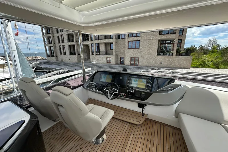  Yacht Photos Pics Luxurious 2022 Princess Y72 yacht helm with modern controls and waterfront view.