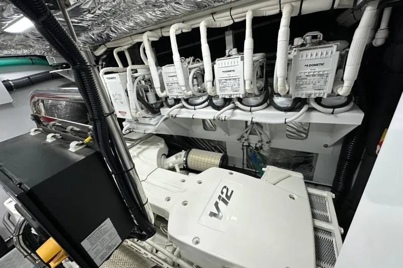  Yacht Photos Pics Engine room of 2022 Princess Y72 yacht with V12 engine and Dometic systems.
