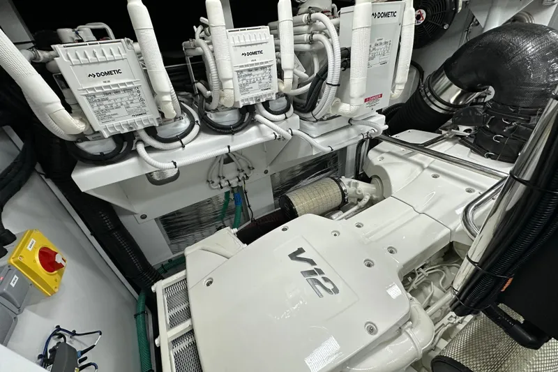  Yacht Photos Pics Engine room of 2022 Princess Y72 yacht featuring V12 engine and Dometic systems.