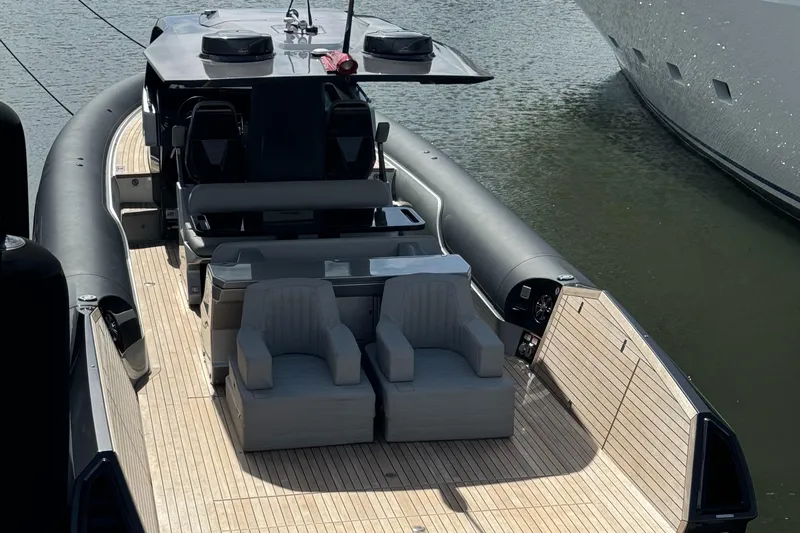 Freebird 42 Yacht Photos Pics Anvera 42 boat, 2022 model, with sleek design and spacious deck, docked on water.