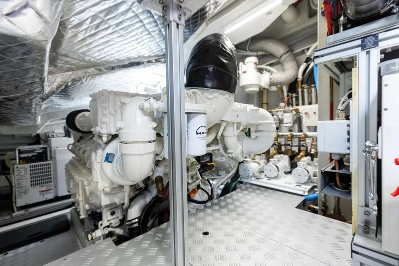  Yacht Photos Pics Engine room of 2023 Riva Rivale 56 Hard Top yacht, showcasing advanced machinery and components.