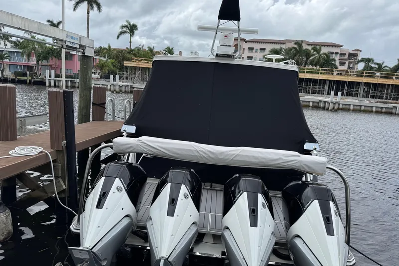 Formula Yacht Photos Pics 2023 Formula 400 Super Sport Crossover docked with four powerful outboard engines.