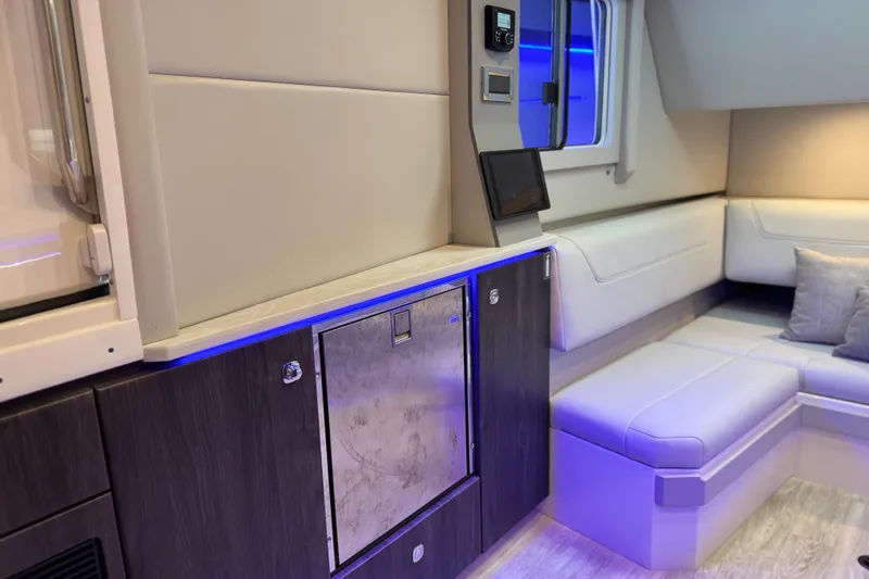 Formula Yacht Photos Pics 2023 Formula 400 Super Sport Crossover interior with modern seating and ambient lighting.