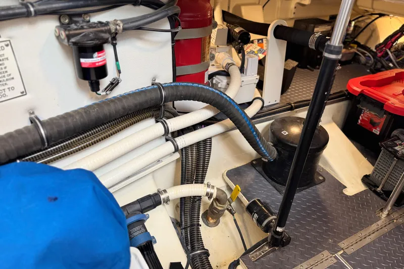 Formula Yacht Photos Pics Engine compartment of 2023 Formula 400 Super Sport Crossover with hoses and equipment.