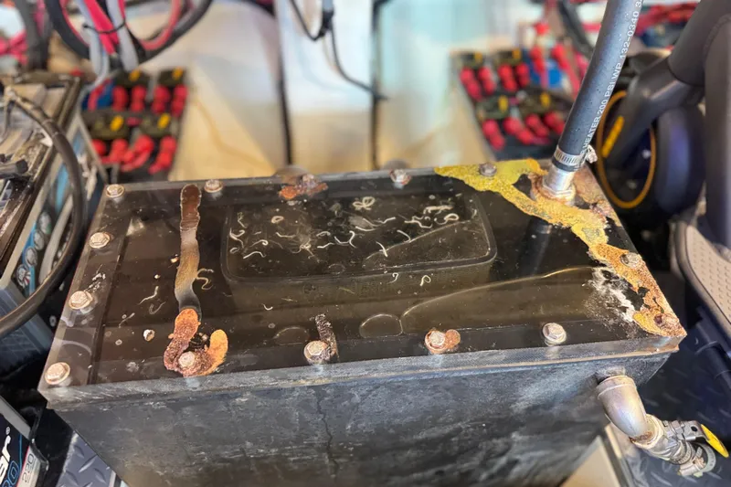 Formula Yacht Photos Pics Corroded battery in 2023 Formula 400 Super Sport Crossover engine compartment.