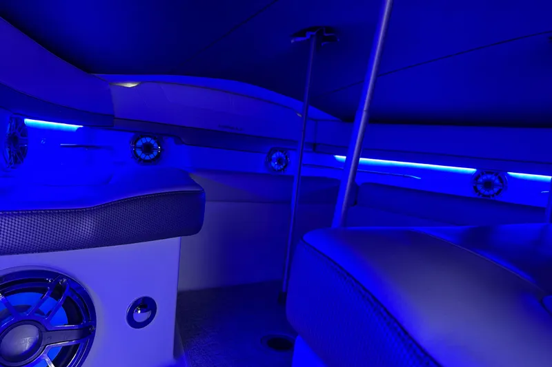 Formula Yacht Photos Pics 2023 Formula 400 Super Sport Crossover interior with blue ambient lighting.