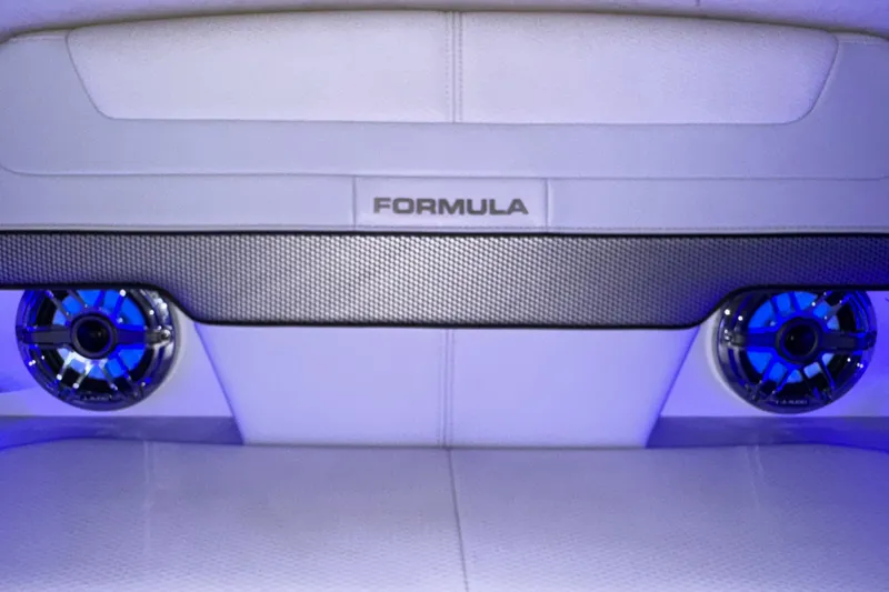 Formula Yacht Photos Pics 2023 Formula 400 Super Sport Crossover interior with blue-lit speakers and sleek design.