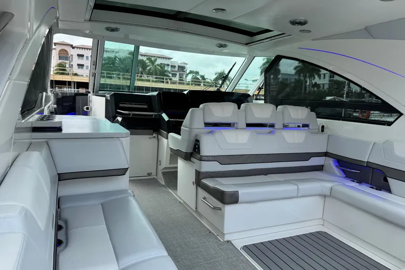 Formula Yacht Photos Pics Luxurious interior of 2023 Formula 400 Super Sport Crossover yacht with modern seating and sleek design.