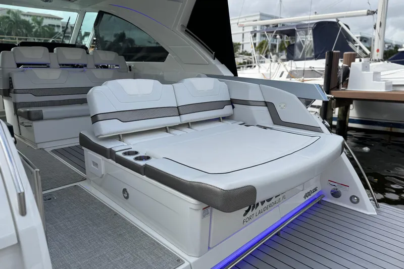Formula Yacht Photos Pics 2023 Formula 400 Super Sport Crossover luxury boat interior with plush seating.