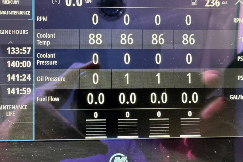 Formula Yacht Photos Pics Dashboard display of 2023 Formula 400 Super Sport Crossover with engine metrics.