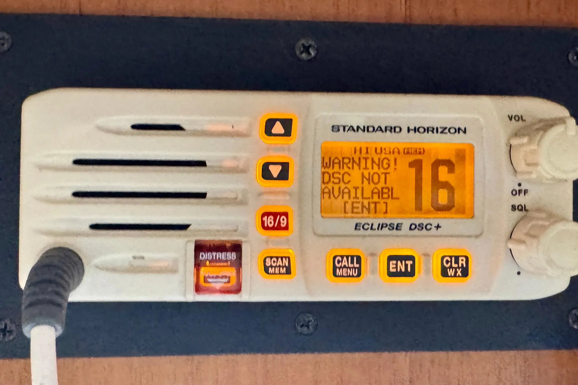 Standard Horizon Eclipse DSC+ radio on 1982 Tung Hwa Seahorse, displaying "DSC Not Available" warning.