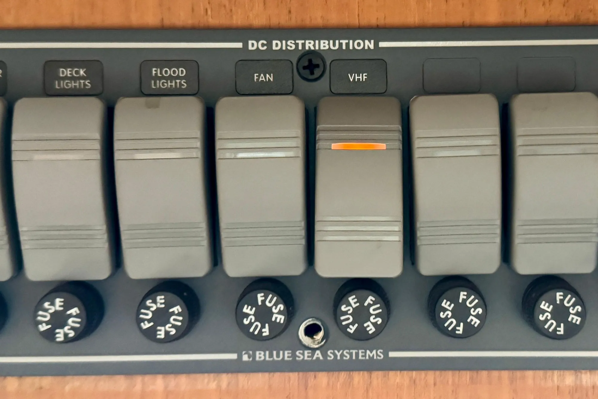 DC distribution panel on 1982 Tung Hwa Seahorse boat by Blue Sea Systems.