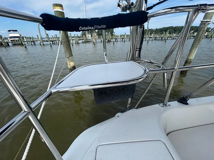 Dream Weaver Yacht Photos Pics Catalina 350 yacht deck detail with stainless steel railing, docked at marina.