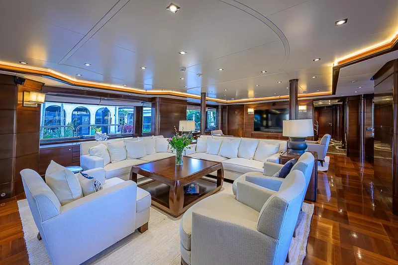 Seascape V Yacht Photos Pics Luxurious interior of 2005 Benetti Vision 145 yacht with elegant seating and modern decor.