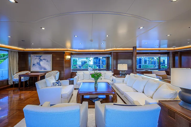 Seascape V Yacht Photos Pics Luxurious interior of 2005 Benetti Vision 145 yacht with elegant seating and decor.