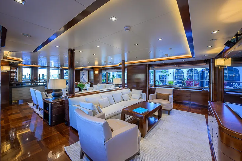 Seascape V Yacht Photos Pics Luxurious interior of 2005 Benetti Vision 145 yacht with elegant seating and modern lighting.