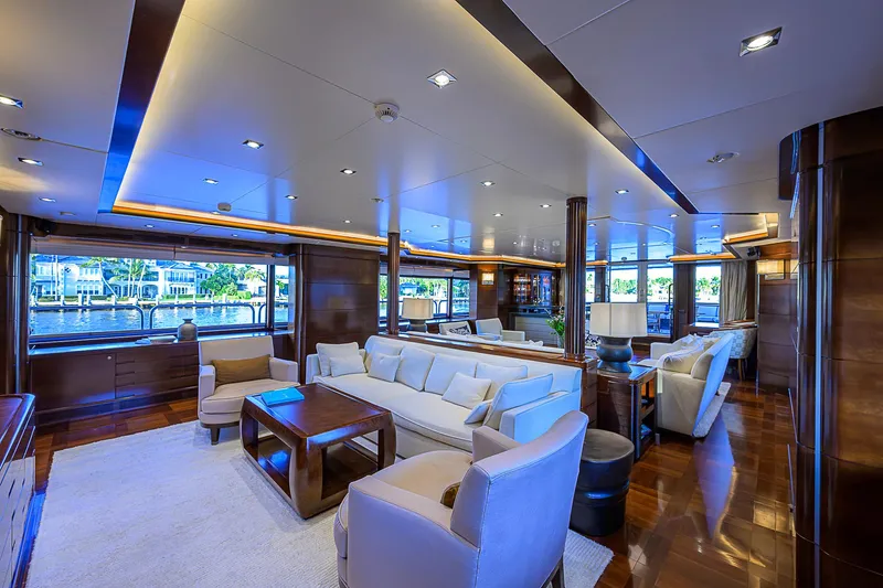 Seascape V Yacht Photos Pics Luxurious interior of 2005 Benetti Vision 145 yacht with elegant seating and wood finishes.