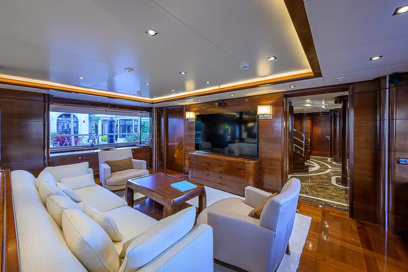 Seascape V Yacht Photos Pics Luxurious interior of 2005 Benetti Vision 145 yacht with elegant seating and modern decor.