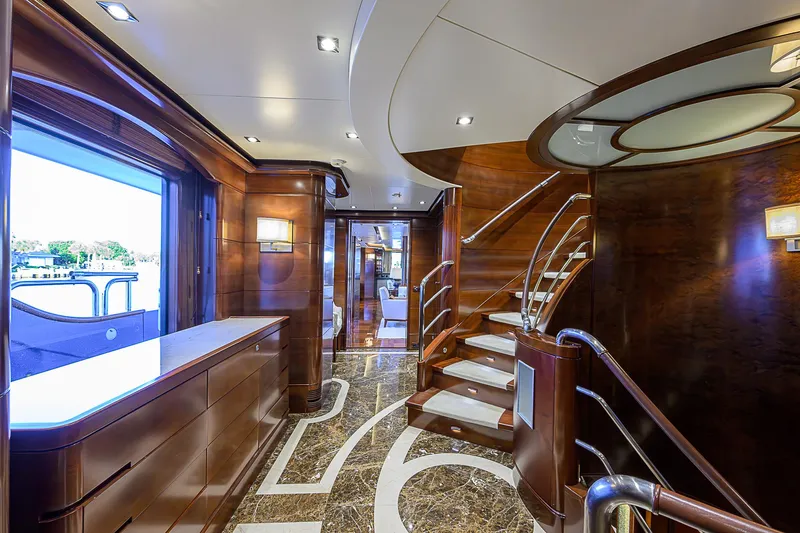 Seascape V Yacht Photos Pics Luxurious interior of 2005 Benetti Vision 145 yacht with elegant wood and marble finishes.