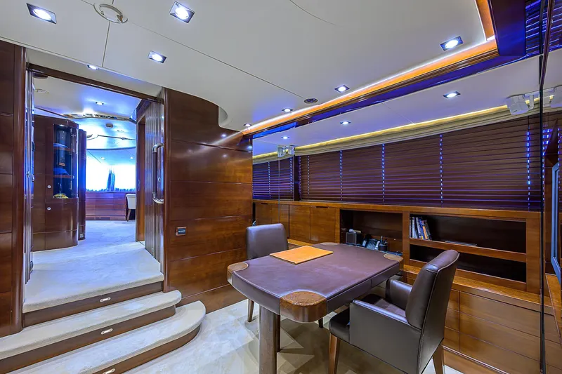 Seascape V Yacht Photos Pics Luxurious interior of 2005 Benetti Vision 145 yacht with elegant wood finishes and modern lighting.