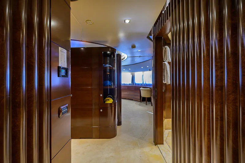 Seascape V Yacht Photos Pics Luxurious interior of 2005 Benetti Vision 145 yacht with elegant wood paneling.