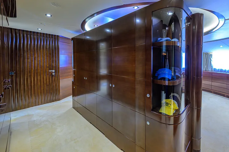 Seascape V Yacht Photos Pics Luxurious interior of 2005 Benetti Vision 145 yacht with elegant wood paneling and modern design.