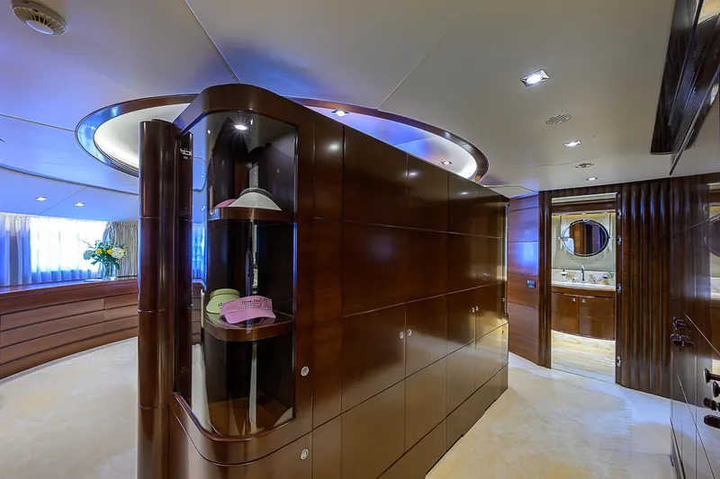 Seascape V Yacht Photos Pics Luxurious interior of 2005 Benetti Vision 145 yacht with elegant wood paneling.