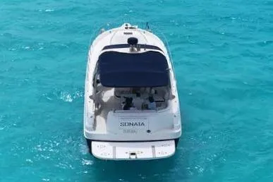 Sonata Yacht Photos Pics 1999 Sea Ray 460 Express Cruiser on clear turquoise water, rear view.