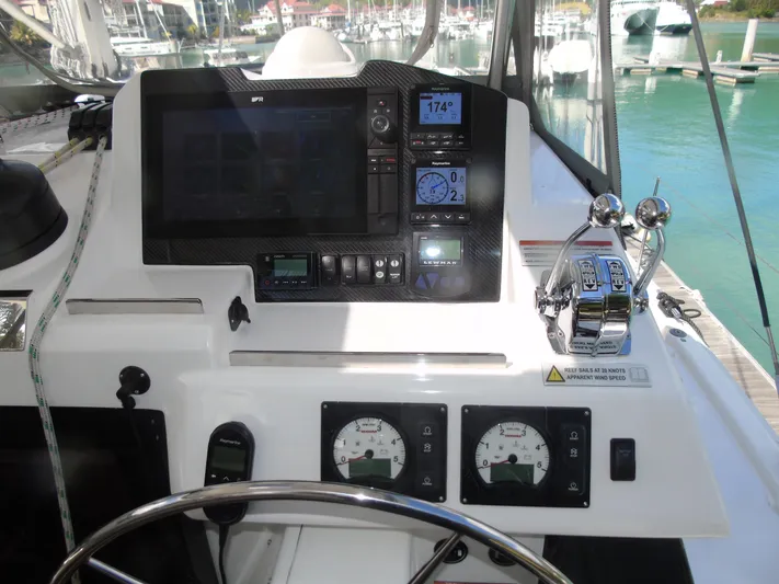  Yacht Photos Pics Control panel of a 2024 Leopard 50 yacht, featuring navigation and throttle controls.