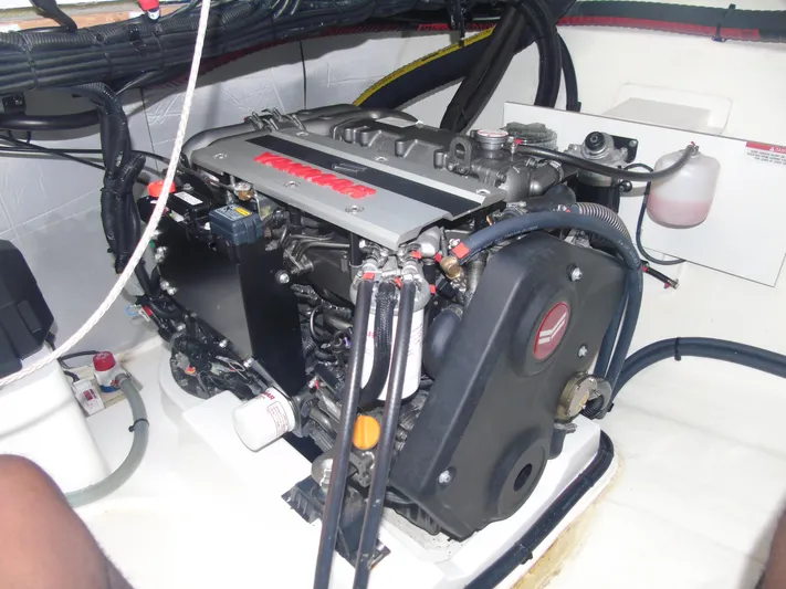 Tafika Yacht Photos Pics Engine compartment of a 2024 Leopard 50 yacht, featuring a Yanmar engine.