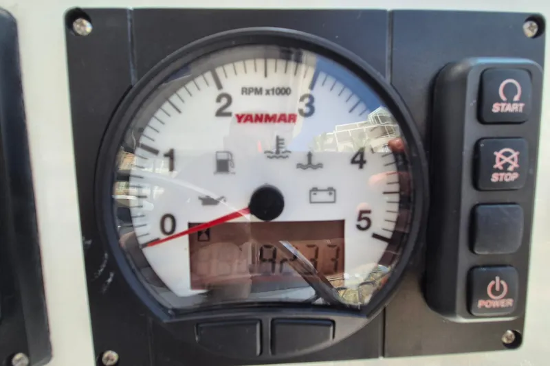 Tafika Yacht Photos Pics Yanmar RPM gauge on 2024 Leopard 50, showing engine controls and indicators.