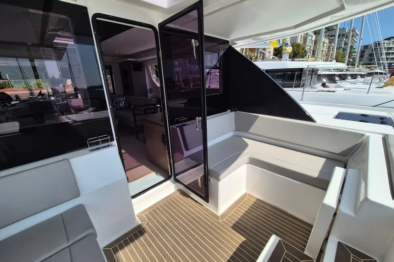 Tafika Yacht Photos Pics 2024 Leopard 50 yacht interior with sleek seating and modern design.