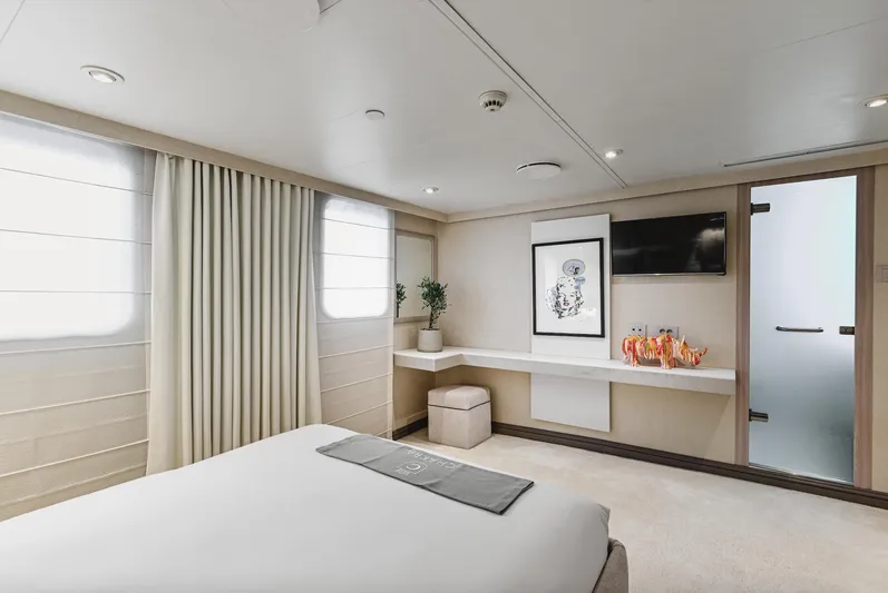 Chakra Yacht Photos Pics Luxurious yacht bedroom interior with modern decor, Devonport 86m, 1963 model.