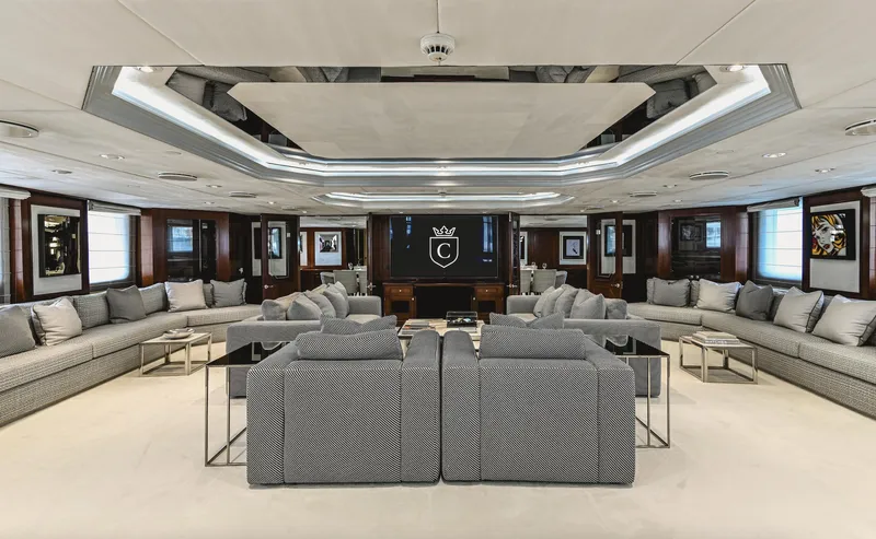 Chakra Yacht Photos Pics Luxurious yacht interior with modern seating, elegant decor, and ambient lighting, Devonport 86m, 1963.