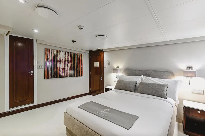 Chakra Yacht Photos Pics Luxurious yacht bedroom with modern decor, featuring a double bed and abstract wall art.