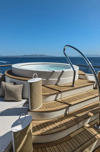 Chakra Yacht Photos Pics Luxurious yacht deck with hot tub, wooden steps, and ocean view. Devonport 86m, 1963 model.