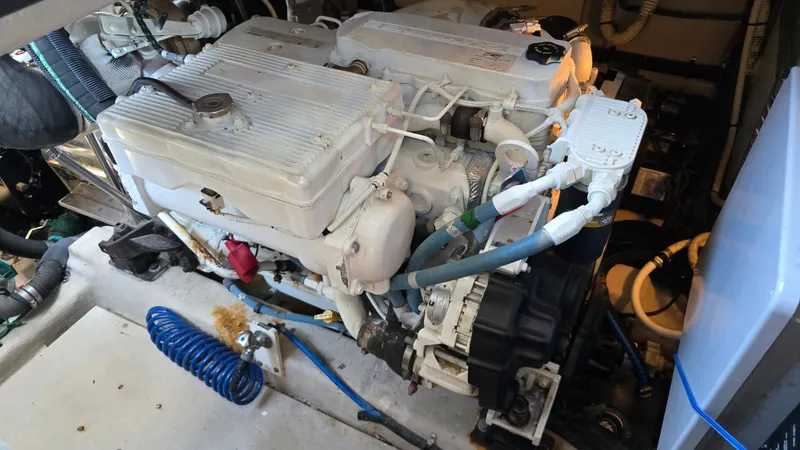  Yacht Photos Pics Engine room of 2015 Sea Ray 470 Sundancer with visible engine.