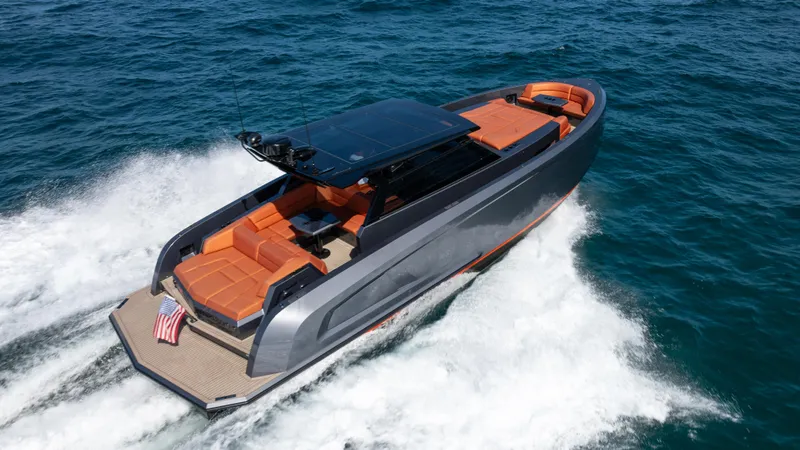 Pharmasea Yacht Photos Pics 2022 Vanquish Yachts VQ45 cruising on open water, showcasing sleek design and luxury features.