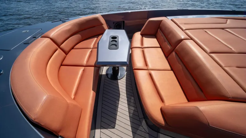 Pharmasea Yacht Photos Pics Luxurious seating on 2022 Vanquish Yachts VQ45 with elegant leather upholstery.