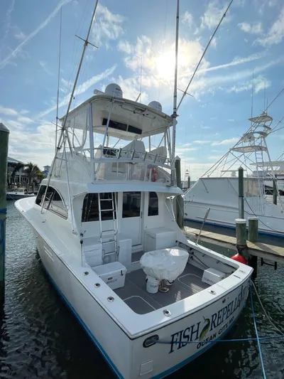 Fish Repellent Yacht Photos Pics 1998 Post 42 Convertible yacht docked under a sunny sky.