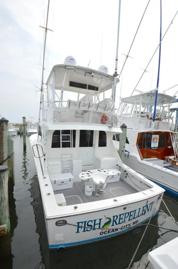 Fish Repellent Yacht Photos Pics 1998 Post 42 Convertible boat docked, named "Fish Repellent," Ocean City, MD.
