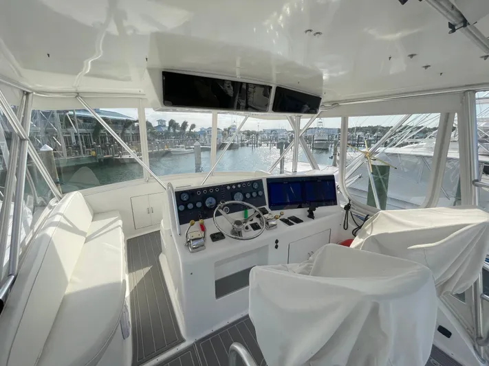 Fish Repellent Yacht Photos Pics Interior of 1998 Post 42 Convertible yacht with helm and navigation equipment.