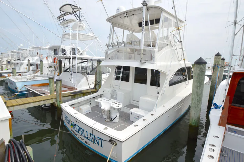 Fish Repellent Yacht Photos Pics 1998 Post 42 Convertible yacht docked at marina, featuring spacious deck and fishing equipment.