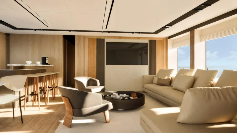  Yacht Photos Pics Luxurious interior of 2027 Cantieri di Pisa Custom 40M yacht with modern furnishings.