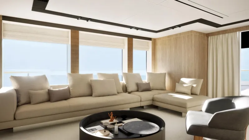  Yacht Photos Pics Luxurious interior of 2027 Cantieri di Pisa Custom 40M yacht, featuring elegant seating and modern decor.
